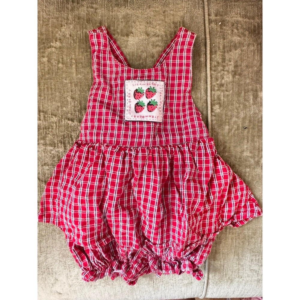 Vintage 1990s Red Gingham Bubble Shortalls/Romper 24 Months Strawberry